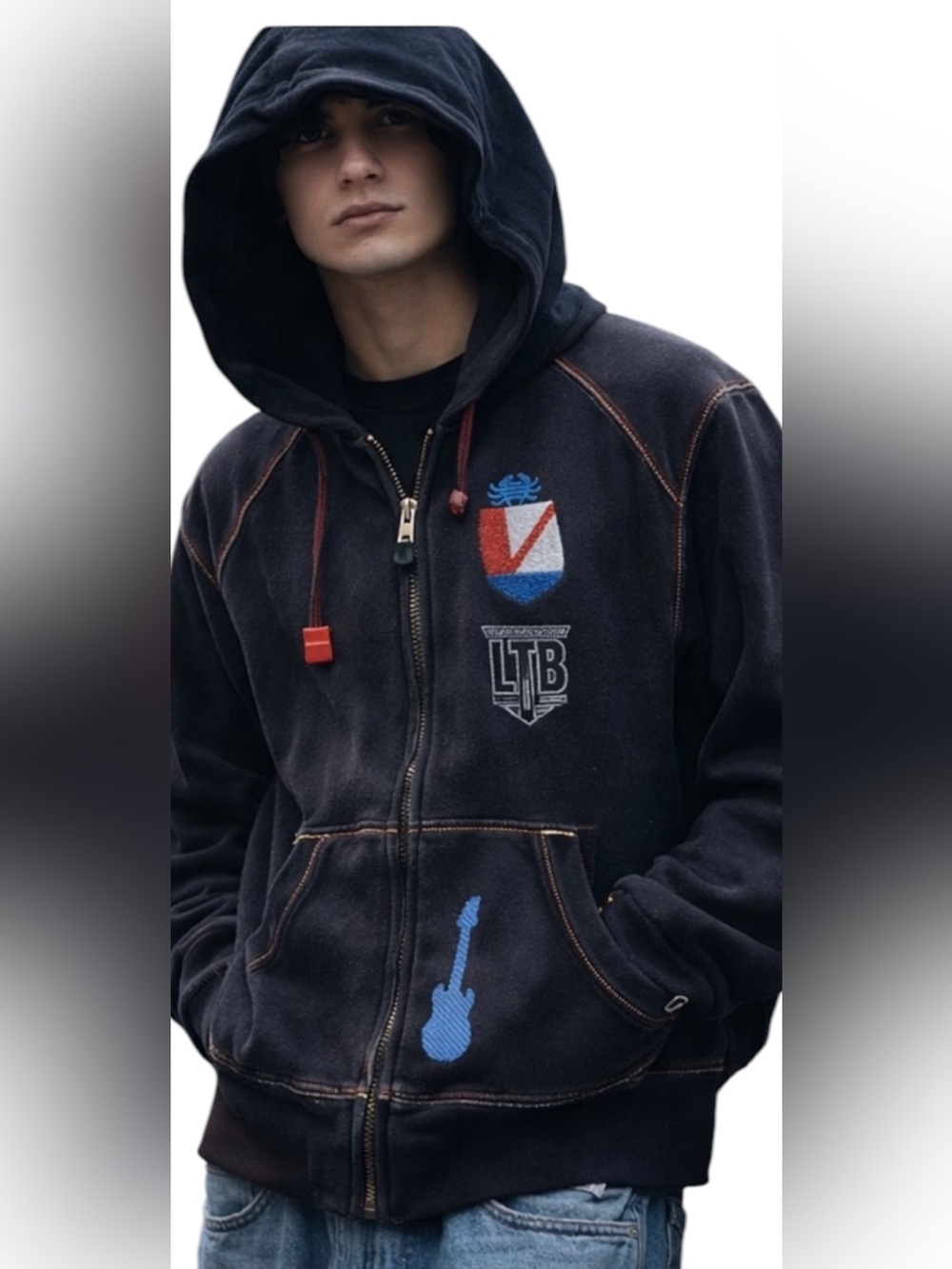 LTB Y2K Embroidered Zip Hoodie Euro Streetwear Grunge Goth M